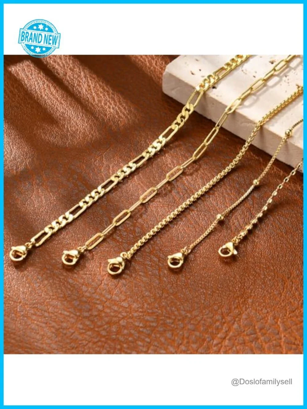 14K Gold Plated Stackable Bracelet Set 5 Piece Chain Adjustable Women